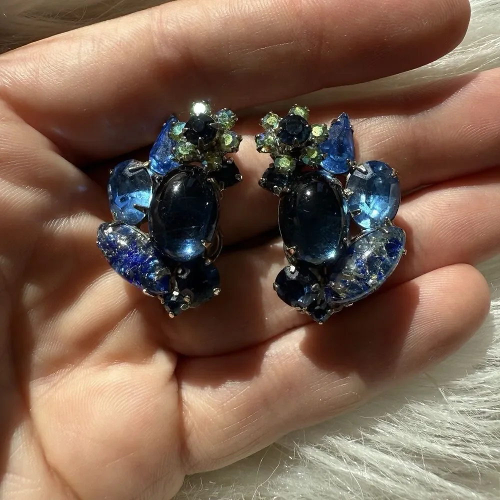 Vintage Hattie Carnegie Demi-Parure Blue Domed Cluster Cabochon AB Rhinestone